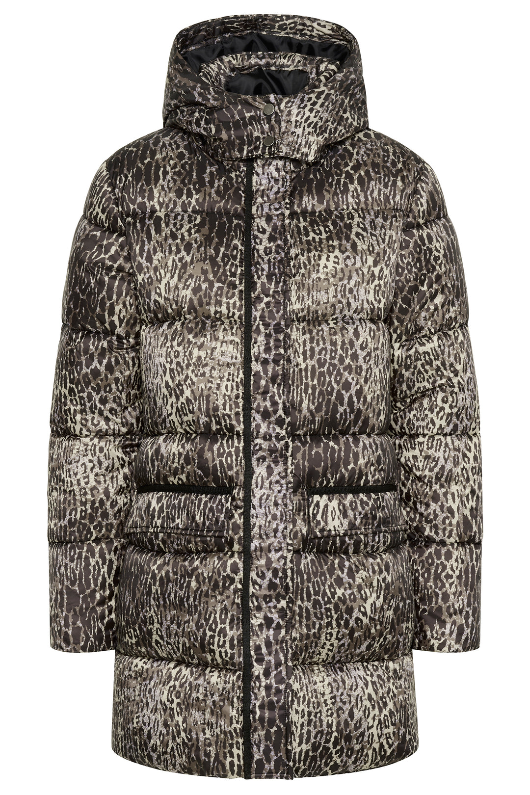 Leopard print puffer jacket on a white background