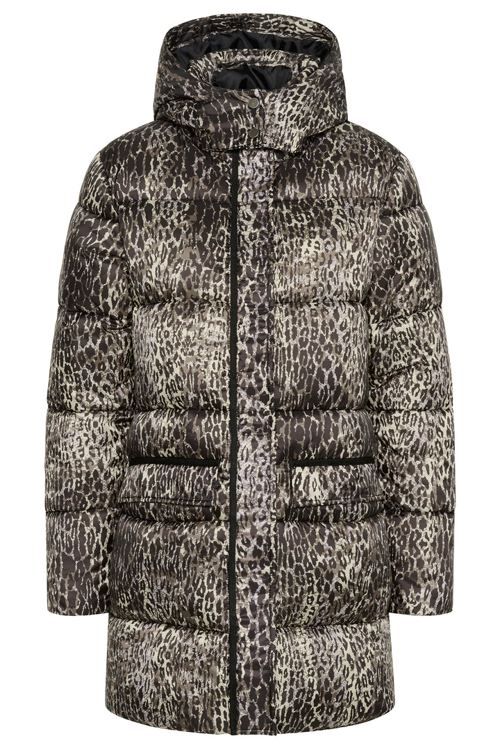 Leopard print puffer jacket on a white background