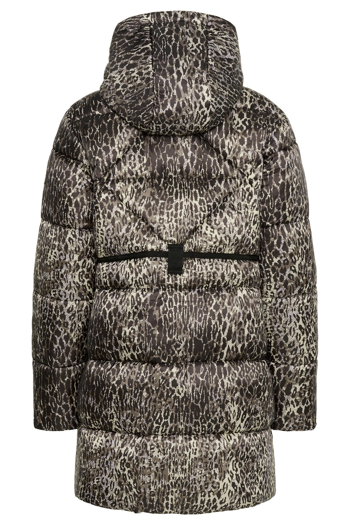 Leopard print puffer jacket on a white background