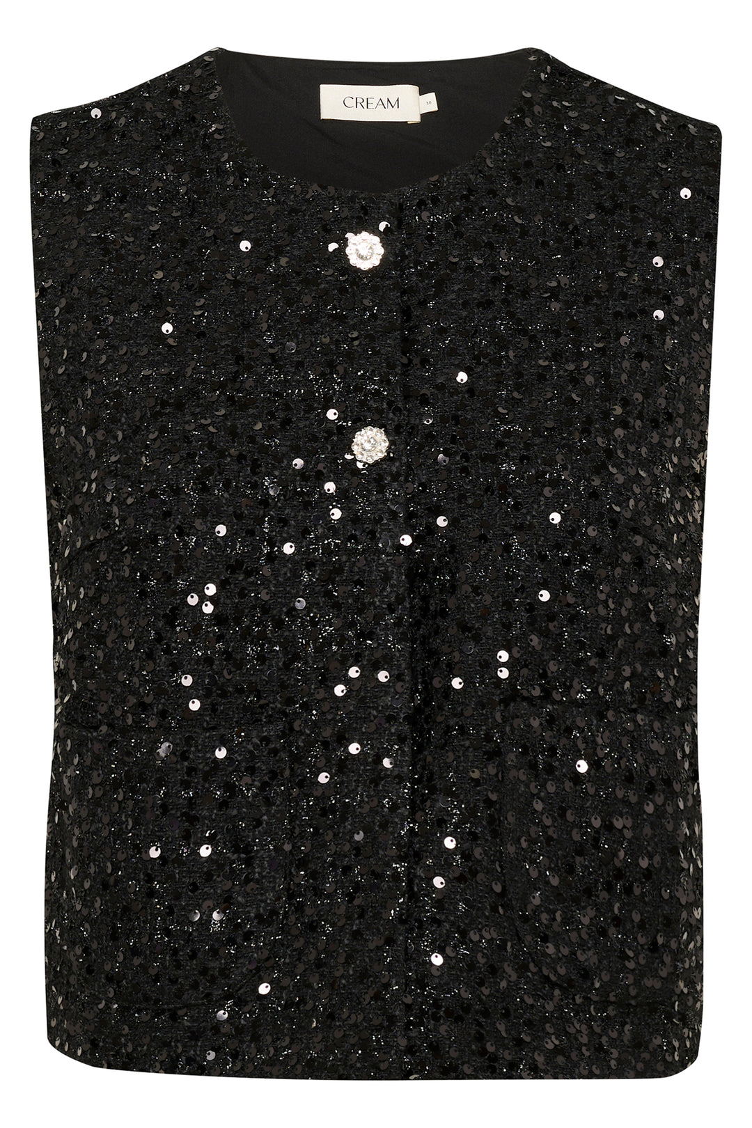 Black sequin top with a brand label on a white background