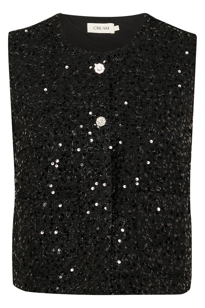 Black sequin top with a brand label on a white background