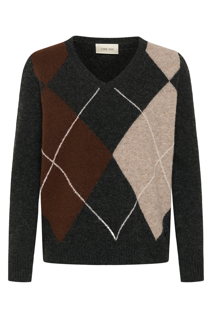 Cream Clothing CRHope Pitch Black Argyle V-Neck Jumper 10615298 100120, front view flat