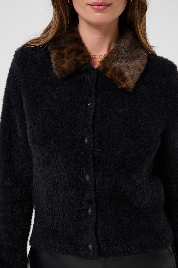 Cream Clothing CRInaya Pitch Black Removable Collar Knit Cardigan 10615550 100120, leopard faux fur collar detail