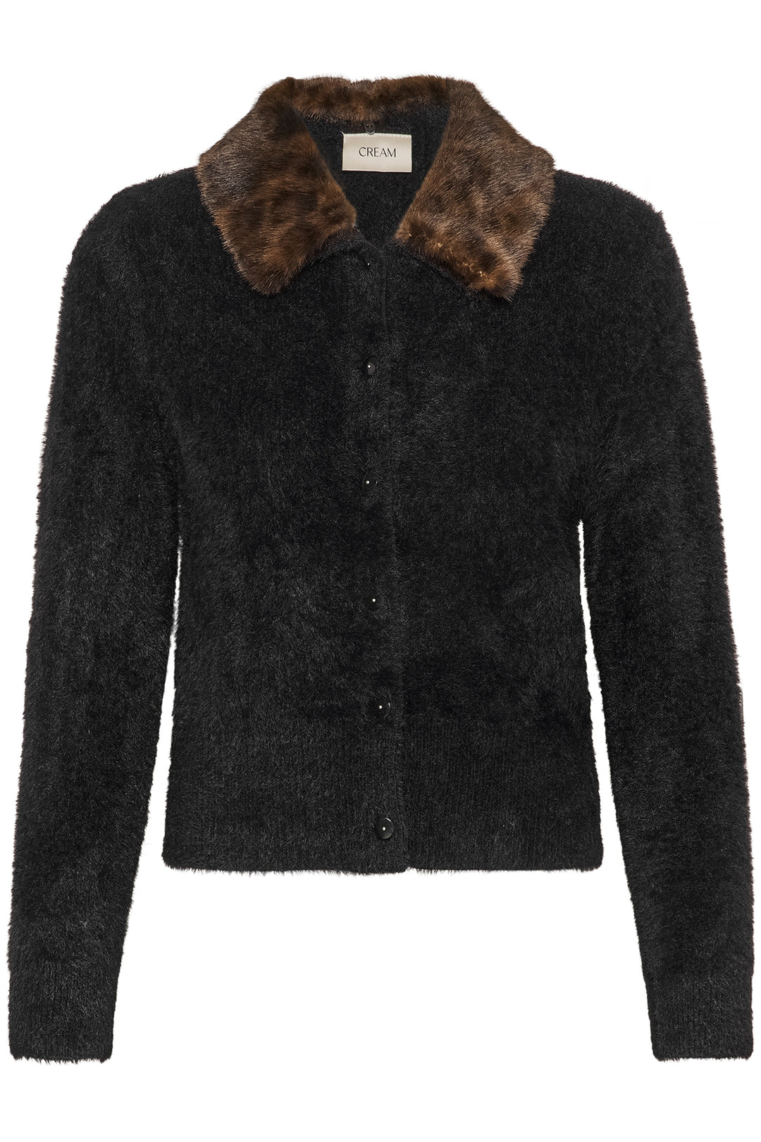 Cream Clothing CRInaya Pitch Black Removable Collar Knit Cardigan 10615550 100120, front view flat