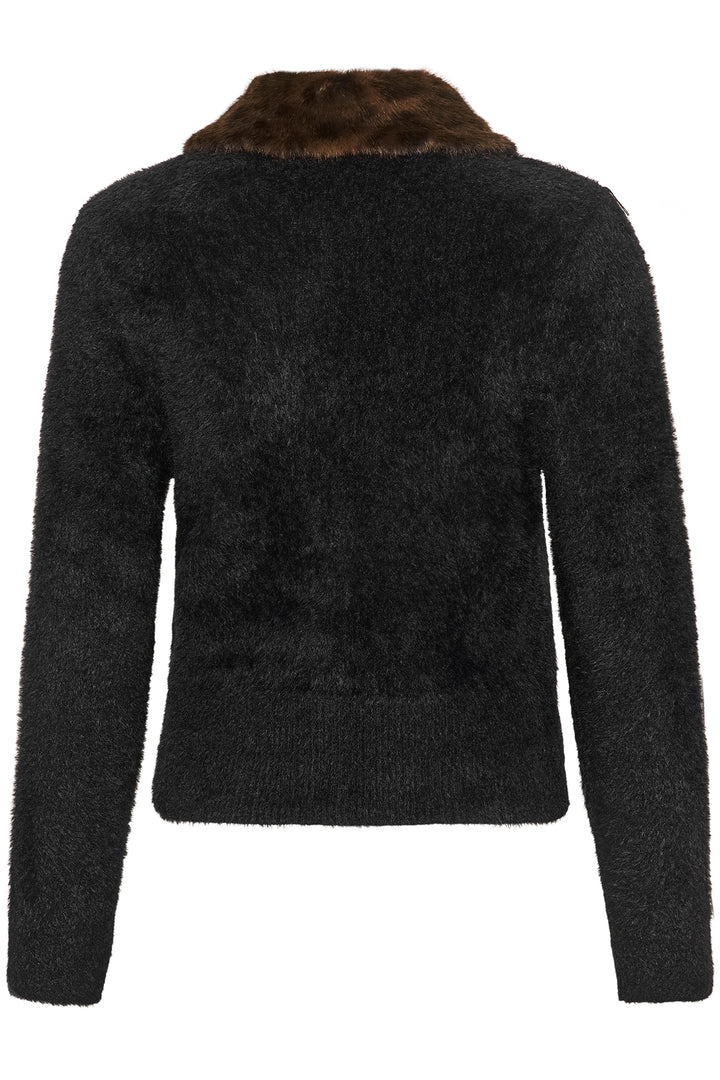 Cream Clothing CRInaya Pitch Black Removable Collar Knit Cardigan 10615550 100120, back view flat