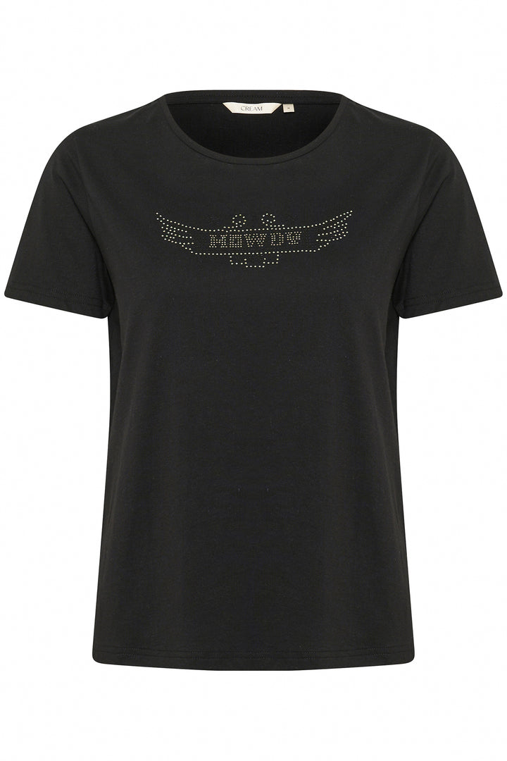 Black t-shirt with 'HOWDY' text on a white background