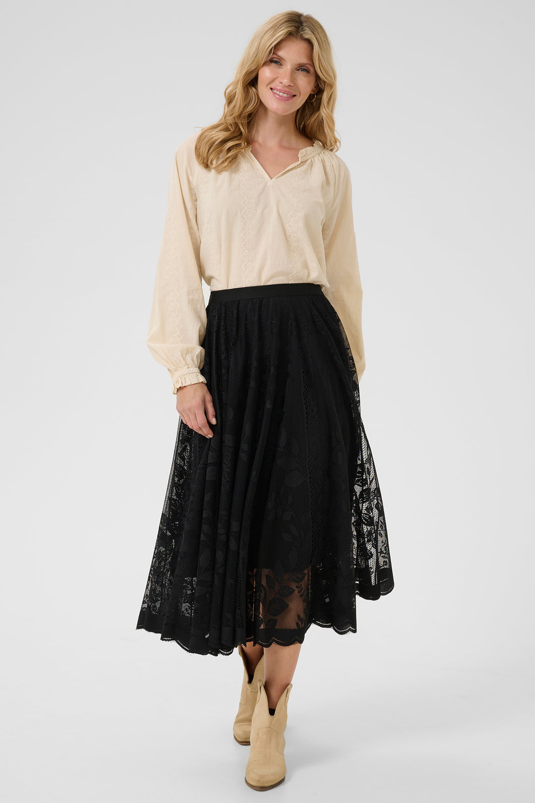 Cream Clothing CRLuanna Pitch Black Lace Midi Skirt 10613856 100120 - Experience Boutique