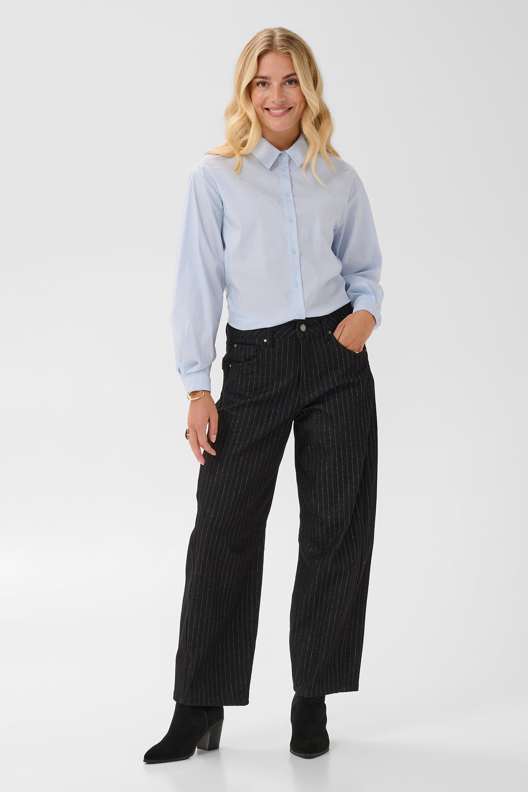 Cream Clothing CRMarelli Black &amp; Silver Pinstripe Balloon Jeans 10615644 1000165, full length front view on model