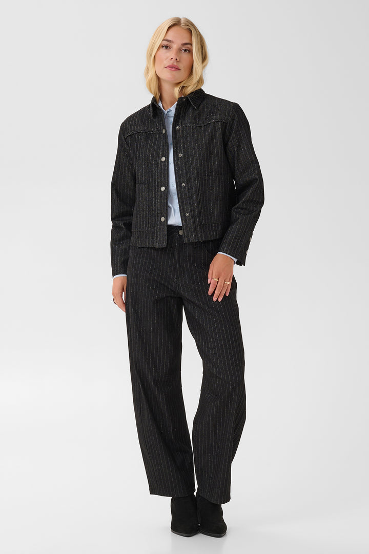 Cream Clothing CRMarelli Black &amp; Silver Pinstripe Balloon Jeans 10615644 1000165, full length styled with a denim jacket