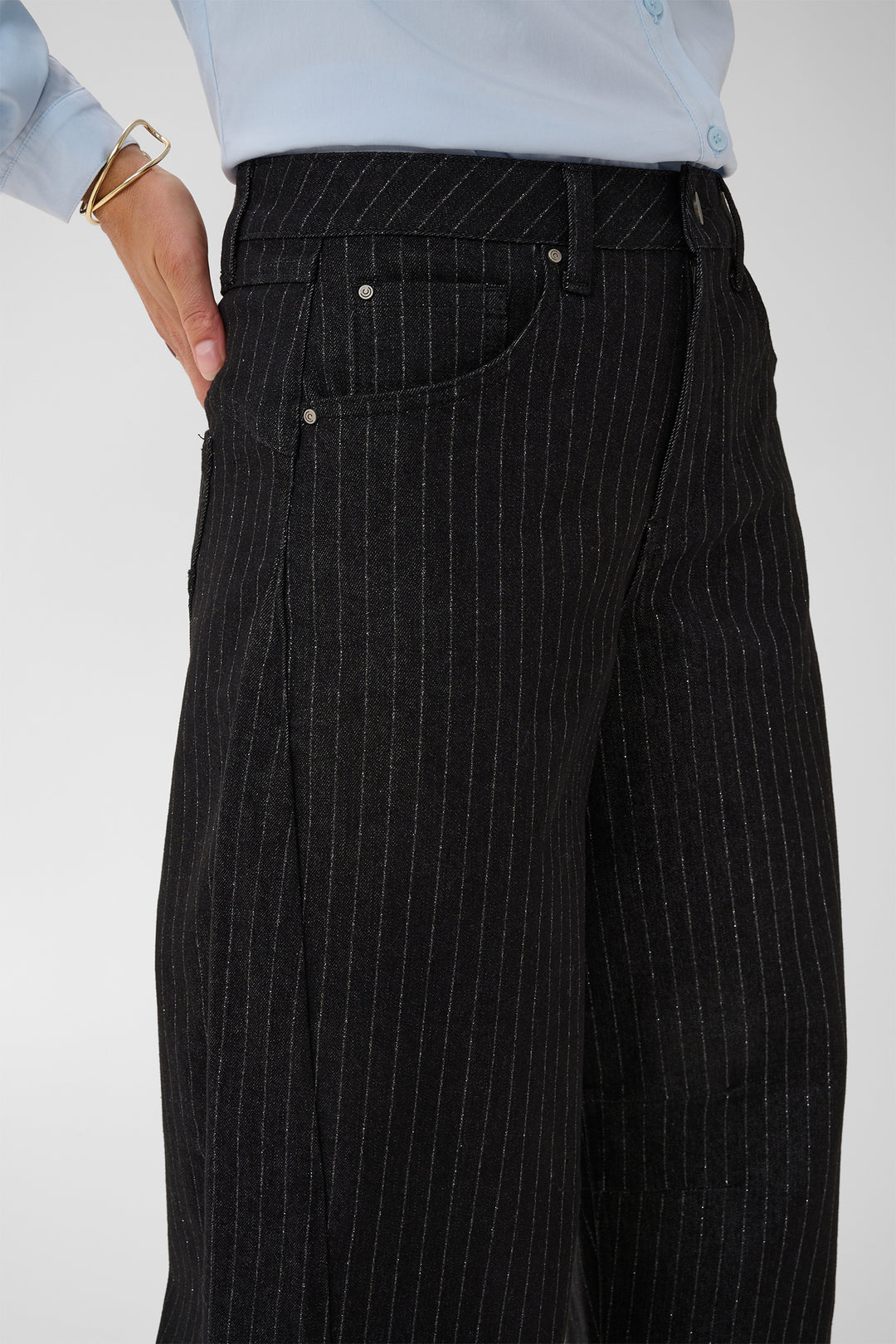 Cream Clothing CRMarelli Black &amp; Silver Pinstripe Balloon Jeans 10615644 1000165, front pocket detail