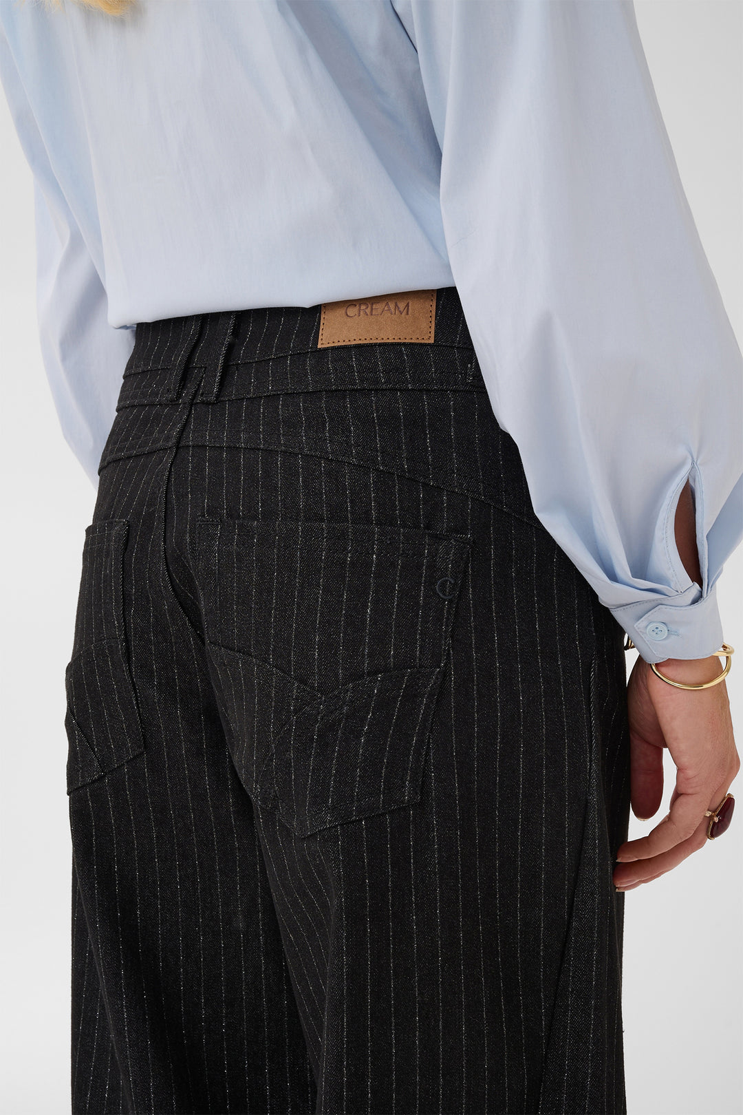 Cream Clothing CRMarelli Black &amp; Silver Pinstripe Balloon Jeans 10615644 1000165, back pocket and label detail
