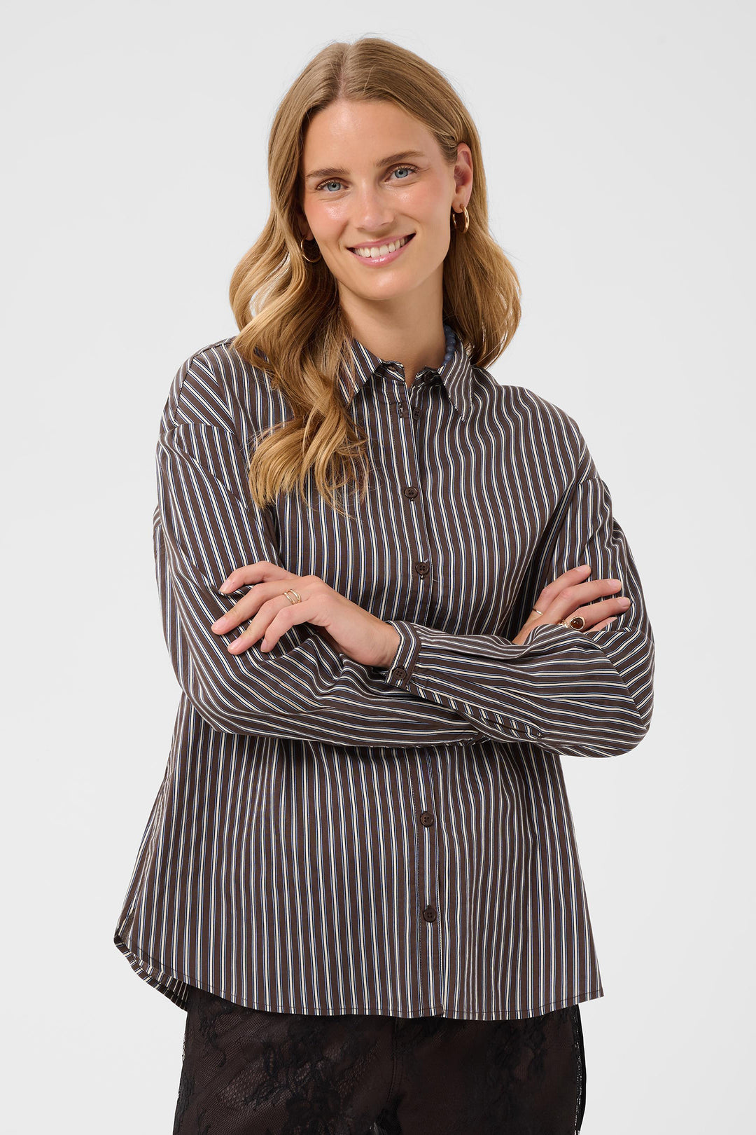 Cream Clothing CRMicca Fudge Brown Relaxed Stripe Shirt 10615595 1000173, front view on model