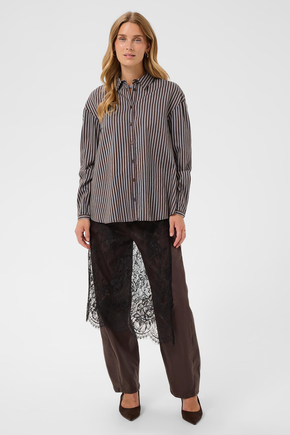 Cream Clothing CRMicca Fudge Brown Relaxed Stripe Shirt 10615595 1000173, full length front view on model