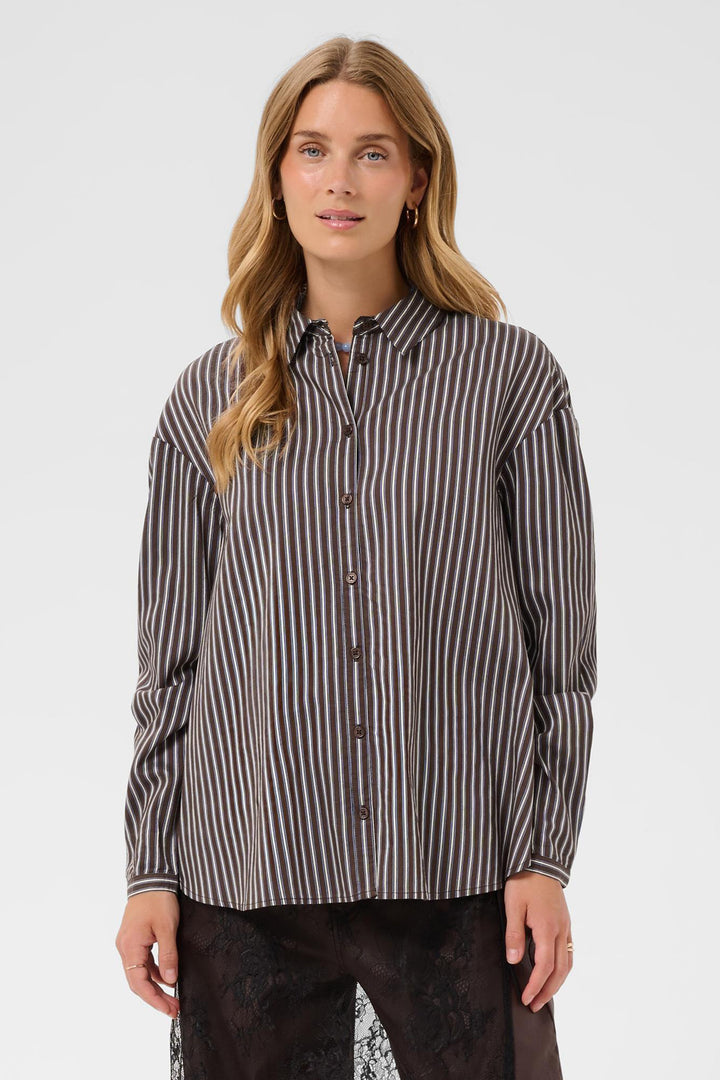 Cream Clothing CRMicca Fudge Brown Relaxed Stripe Shirt 10615595 1000173, front close up on model