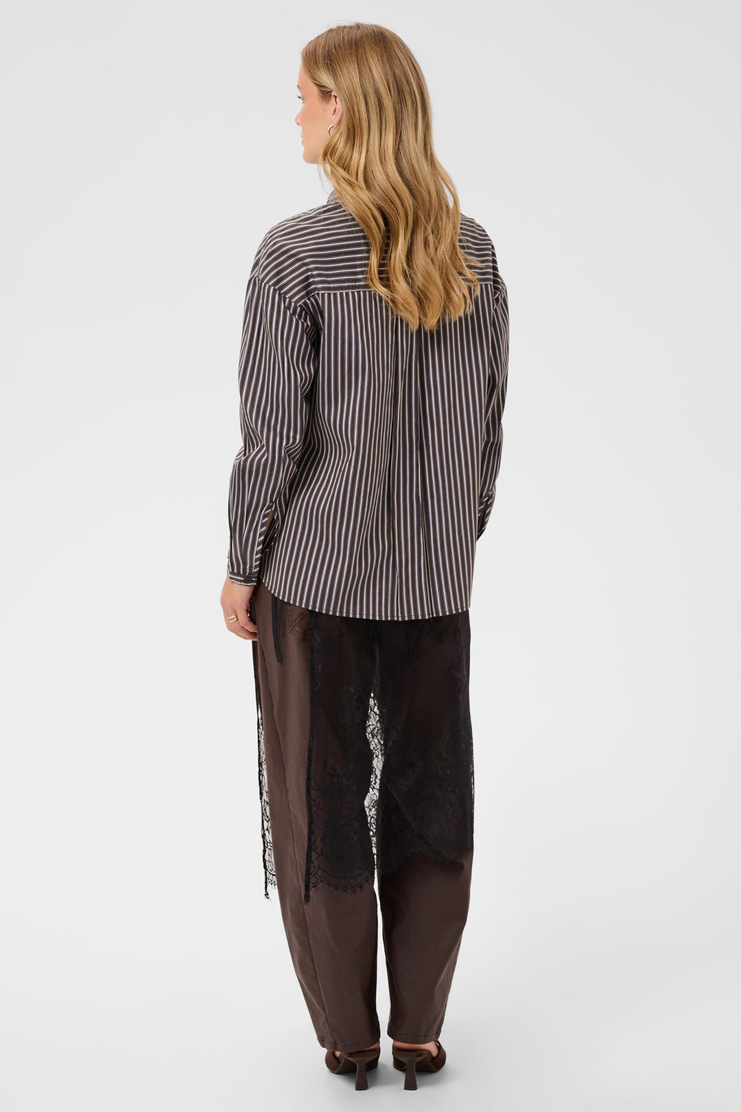 Cream Clothing CRMicca Fudge Brown Relaxed Stripe Shirt 10615595 1000173, back view on model