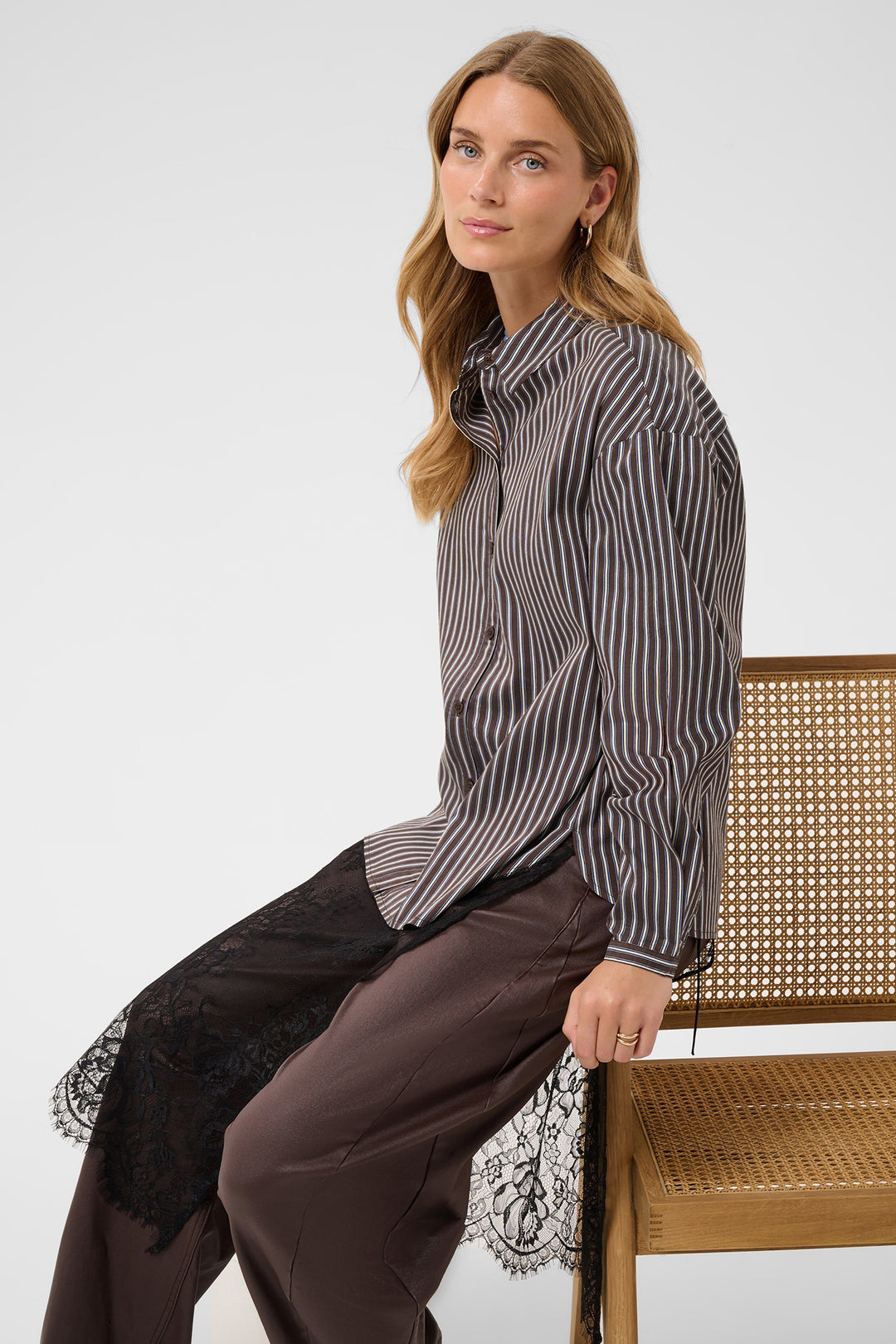 Cream Clothing CRMicca Fudge Brown Relaxed Stripe Shirt 10615595 1000173, styled view seated