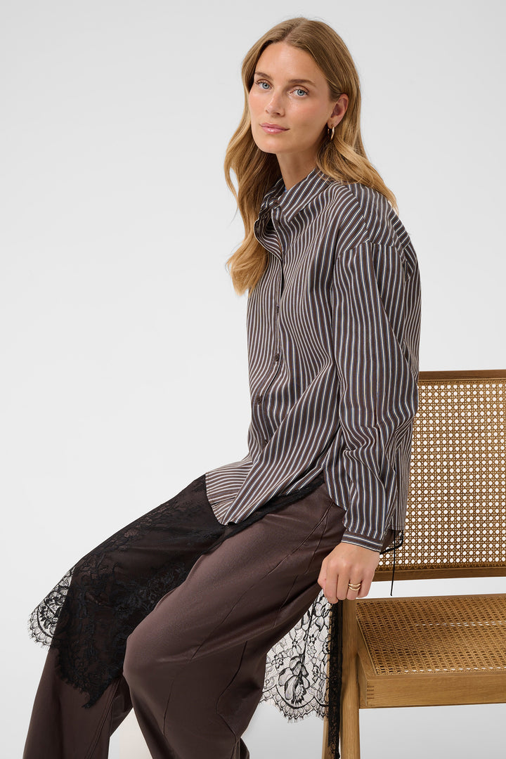 Cream Clothing CRMicca Fudge Brown Relaxed Stripe Shirt 10615595 1000173, styled view seated