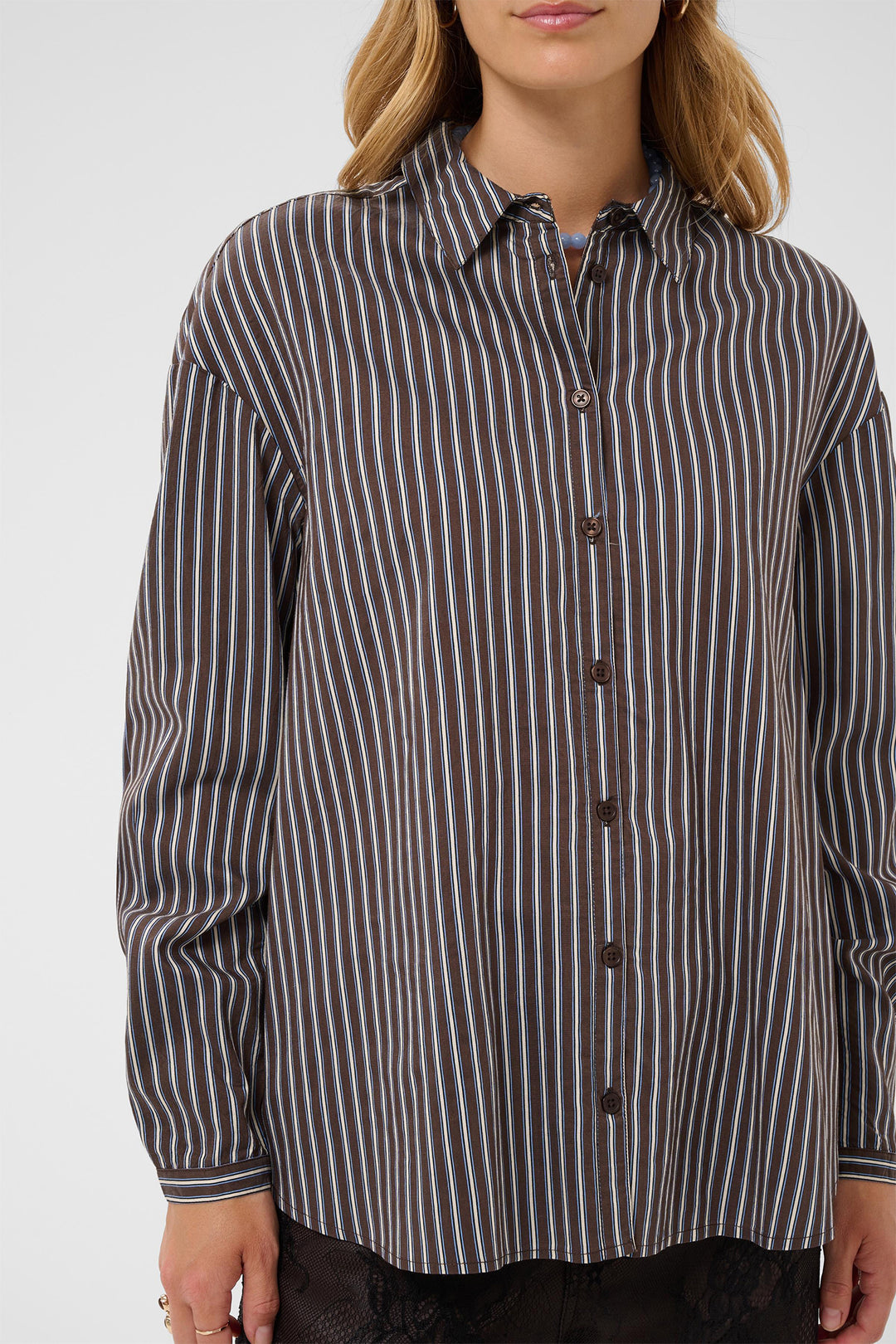 Cream Clothing CRMicca Fudge Brown Relaxed Stripe Shirt 10615595 1000173, stripe and button detail