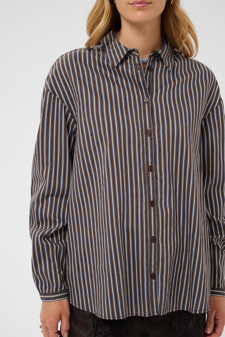 Cream Clothing CRMicca Fudge Brown Relaxed Stripe Shirt 10615595 1000173, stripe and button detail