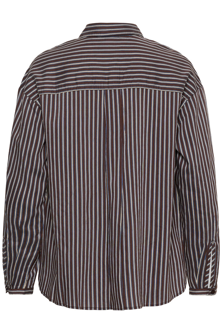 Cream Clothing CRMicca Fudge Brown Relaxed Stripe Shirt 10615595 1000173, back view flat