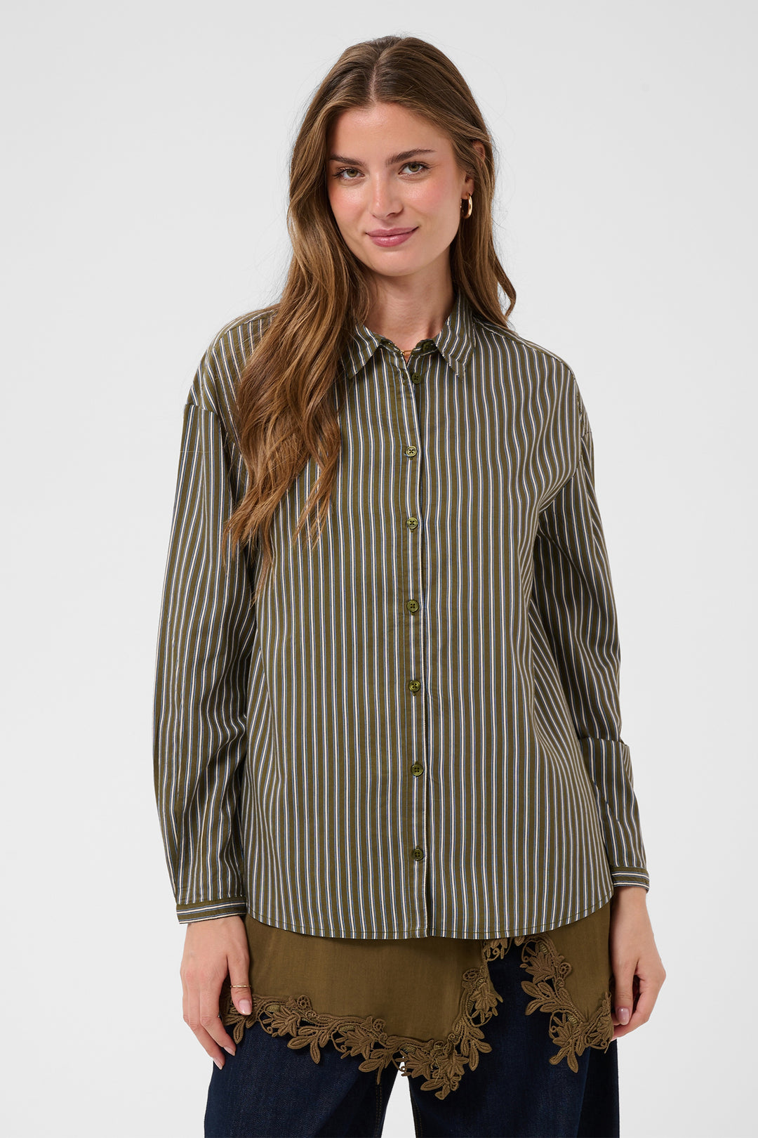 Cream Clothing CRMicca Olive Green Relaxed Stripe Shirt 10615595 1000174, front view on model