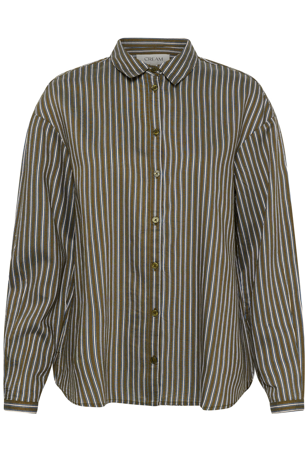 Cream Clothing CRMicca Olive Green Relaxed Stripe Shirt 10615595 1000174, front view flat