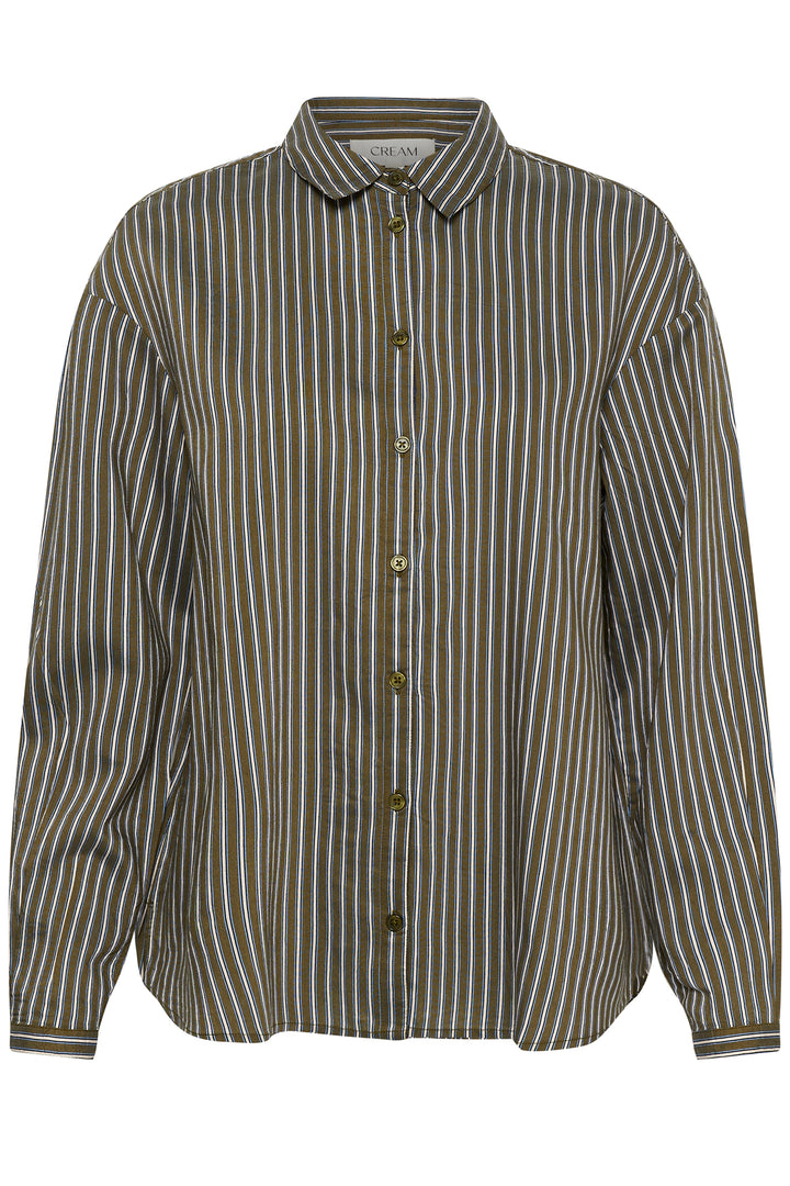 Cream Clothing CRMicca Olive Green Relaxed Stripe Shirt 10615595 1000174, front view flat