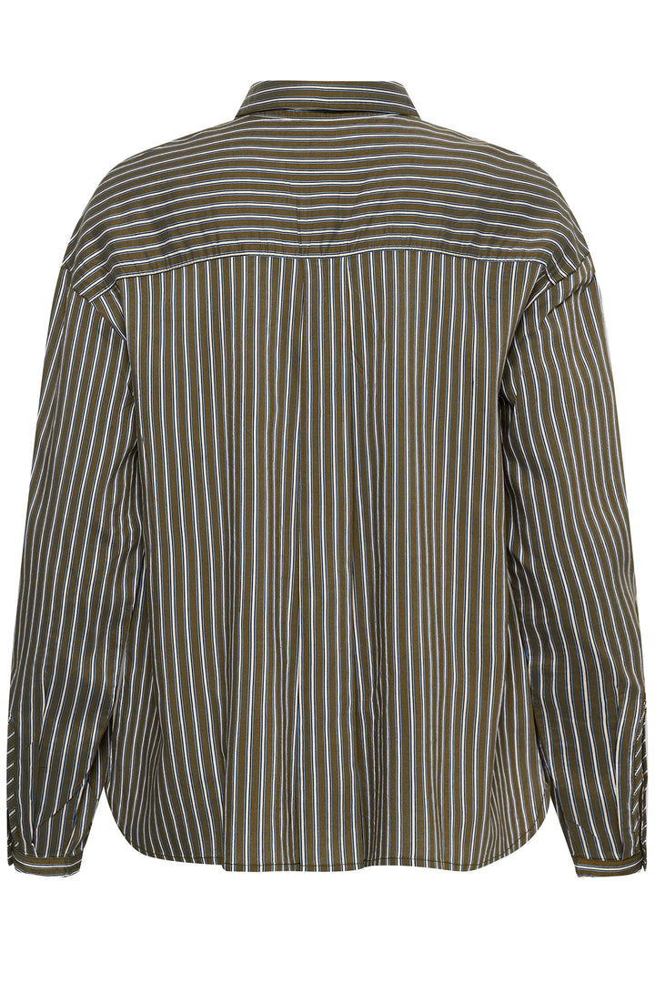 Cream Clothing CRMicca Olive Green Relaxed Stripe Shirt 10615595 1000174, back view flat
