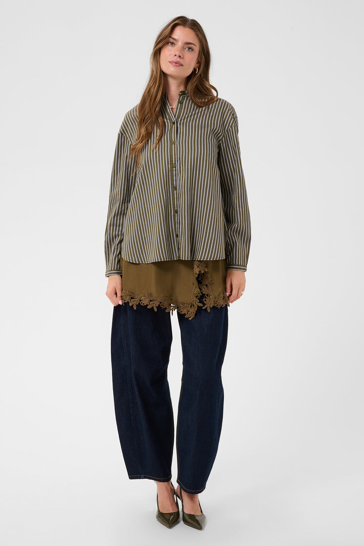 Cream Clothing CRMicca Olive Green Relaxed Stripe Shirt 10615595 1000174, full length front view on model