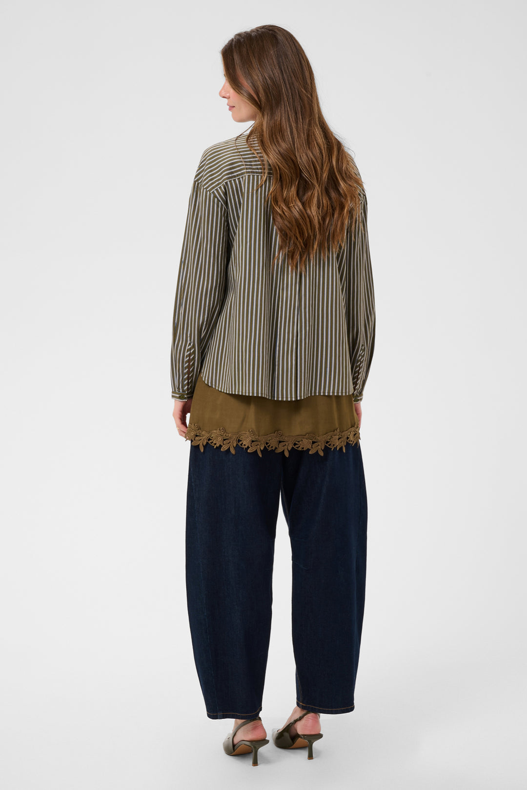 Cream Clothing CRMicca Olive Green Relaxed Stripe Shirt 10615595 1000174, back view on model