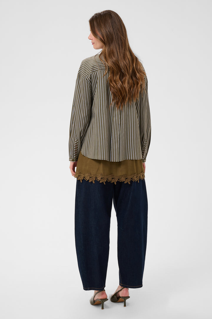 Cream Clothing CRMicca Olive Green Relaxed Stripe Shirt 10615595 1000174, back view on model
