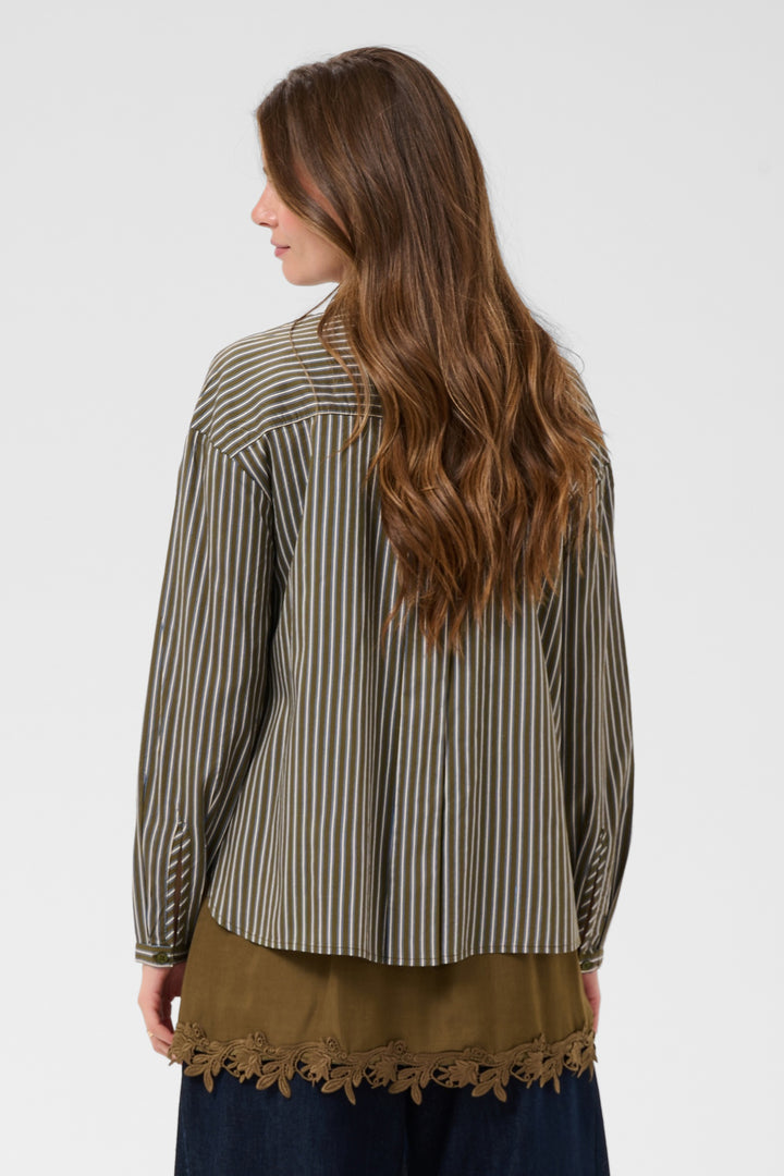Cream Clothing CRMicca Olive Green Relaxed Stripe Shirt 10615595 1000174, back close up on model