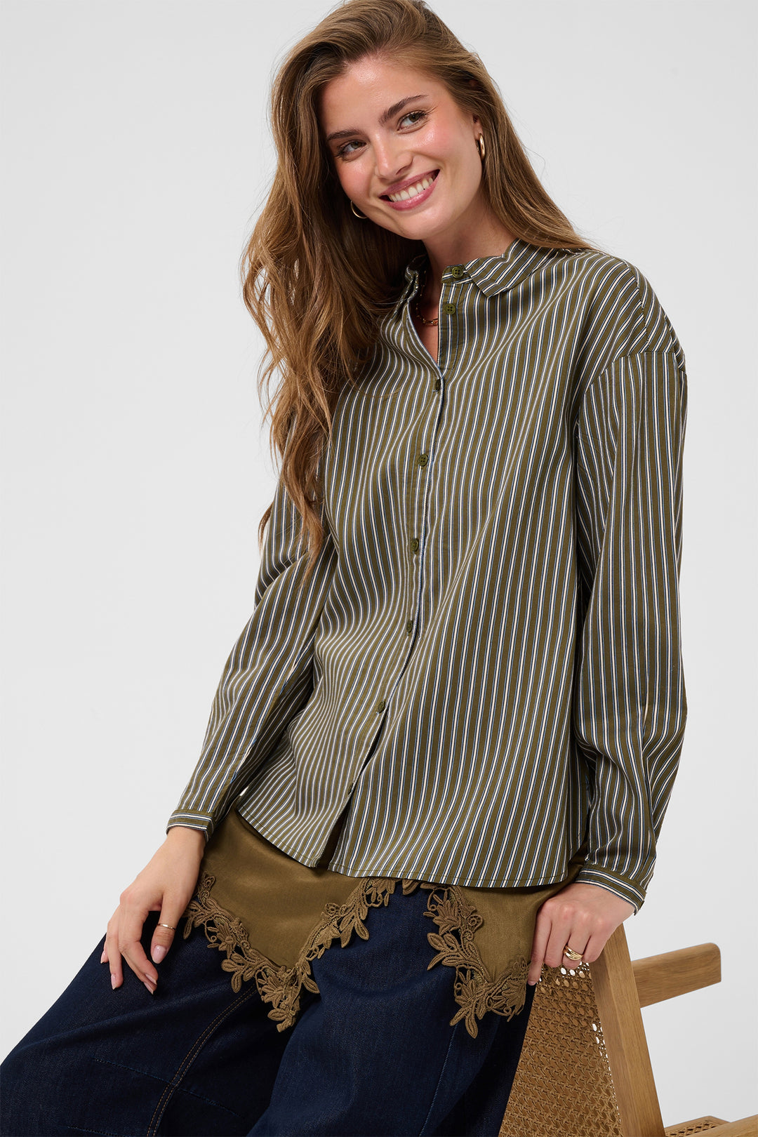 Cream Clothing CRMicca Olive Green Relaxed Stripe Shirt 10615595 1000174, three quarter view on model