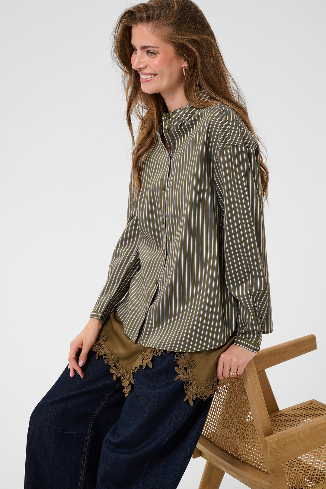 Cream Clothing CRMicca Olive Green Relaxed Stripe Shirt 10615595 1000174, styled view seated