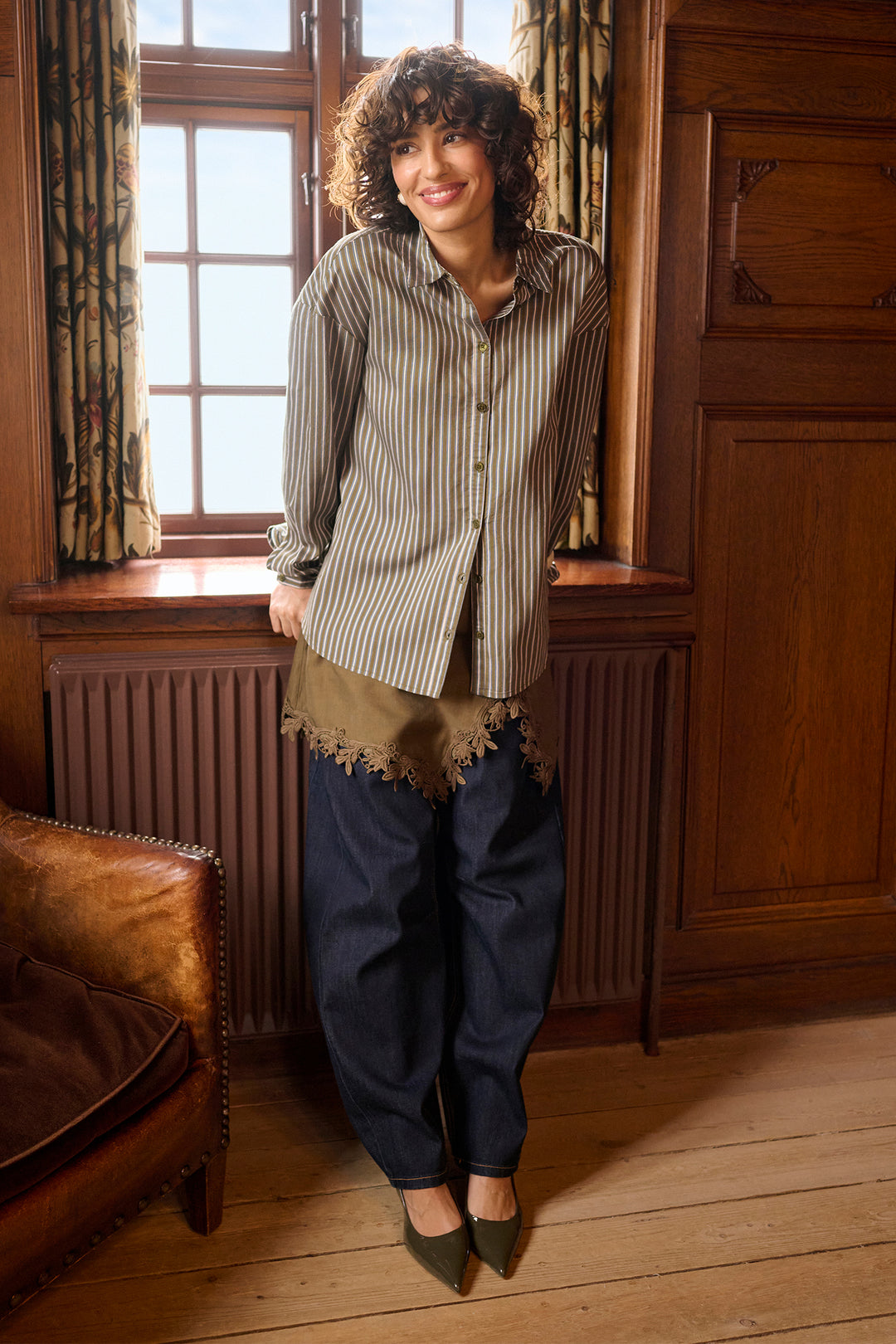 Cream Clothing CRMicca Olive Green Relaxed Stripe Shirt 10615595 1000174, lifestyle view full length