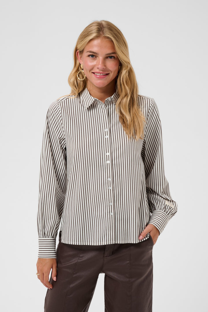Cream CRMira Java Brown Stripe Shirt, front model cropped