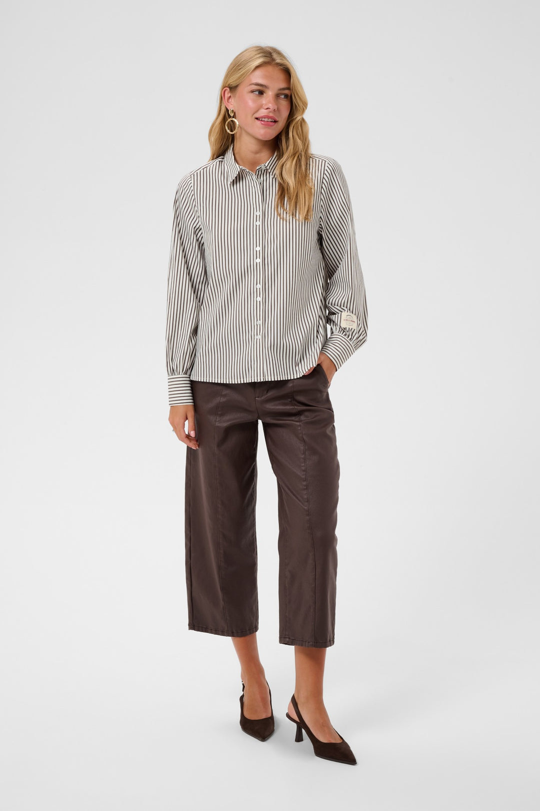 Cream CRMira Java Brown Stripe Shirt, front model full length