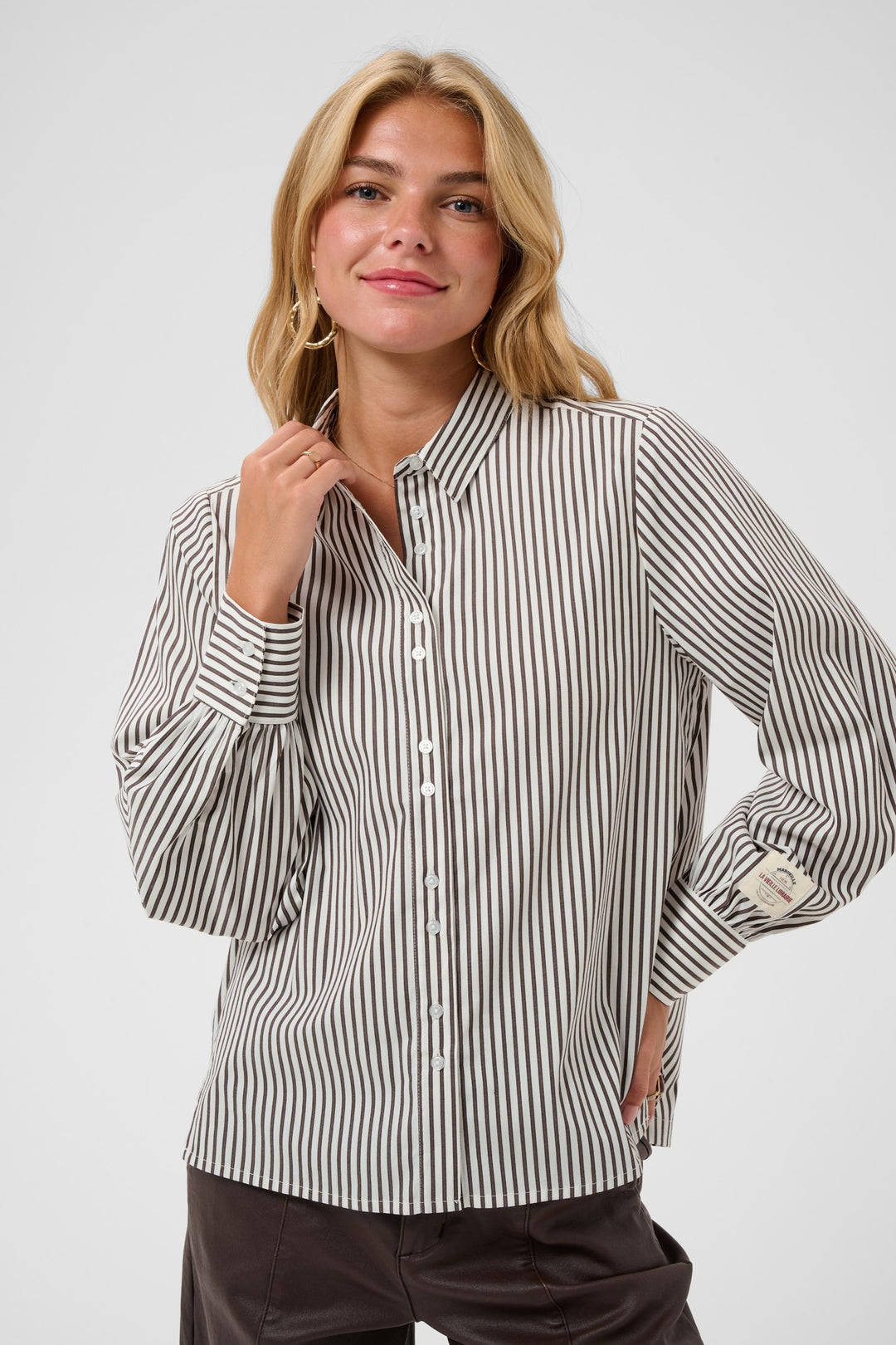 Cream CRMira Java Brown Stripe Shirt, front model cropped