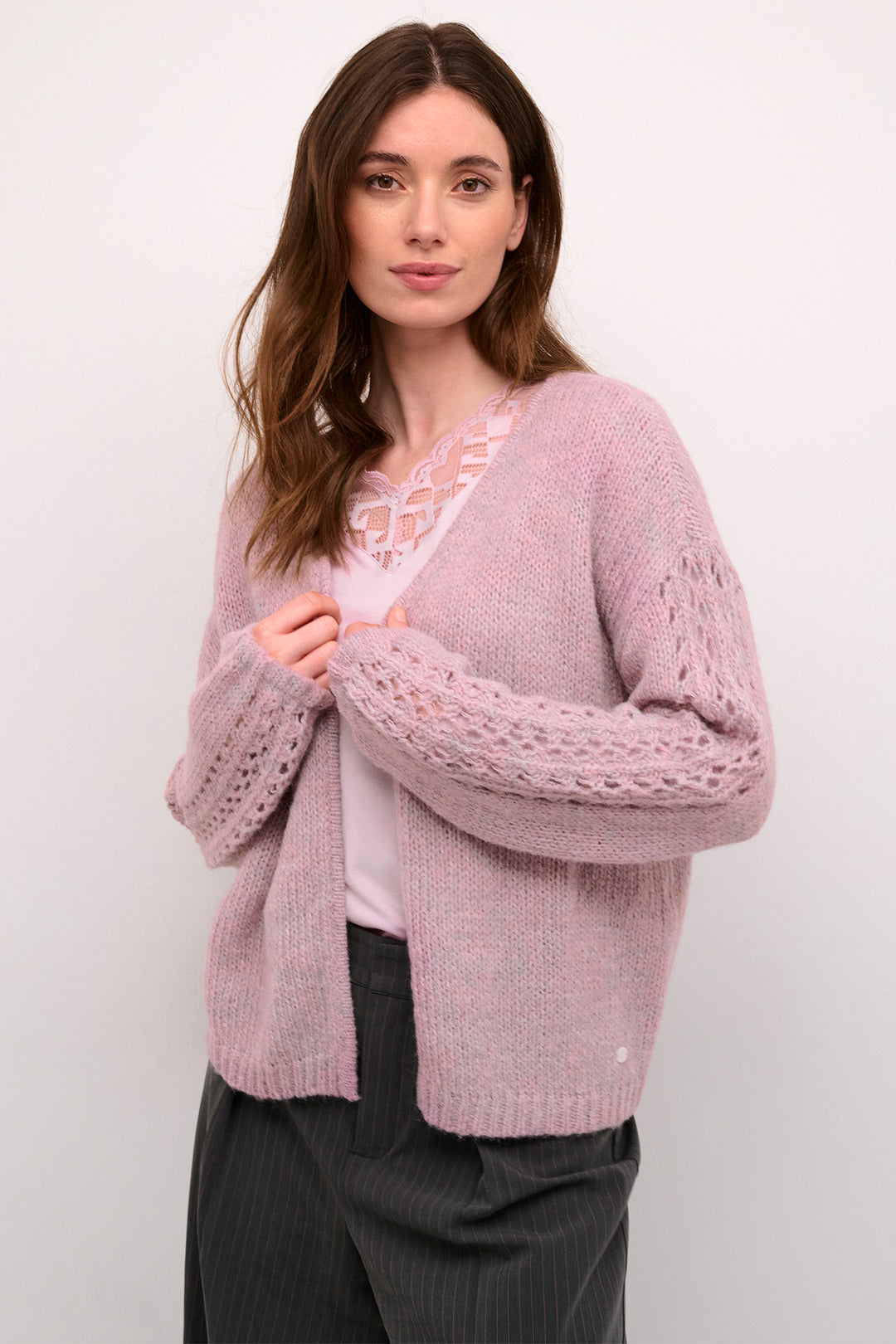 Cream Clothing CRNiso Dawn Pink Knit Open Front Cardigan 10612874 152205 - Experience Boutique