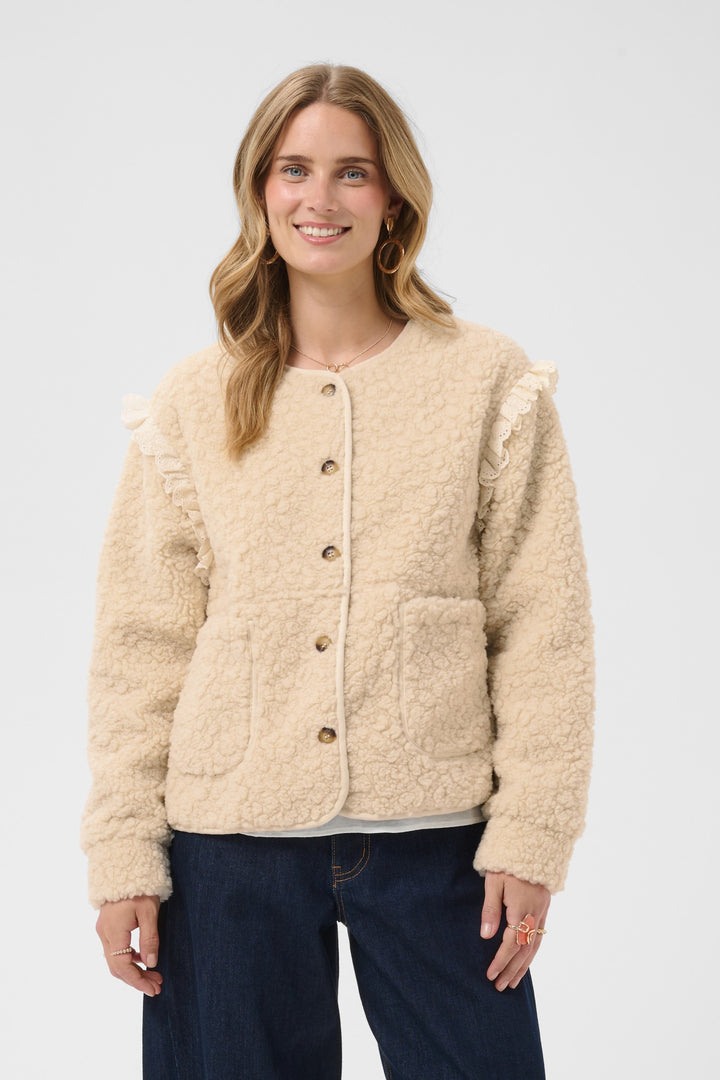 Cream Clothing CRRana oatmeal beige lace teddy jacket, front model cropped alternate view