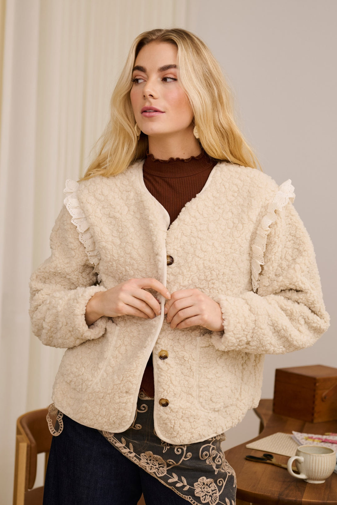 Cream Clothing CRRana oatmeal beige lace teddy jacket, styled detail view
