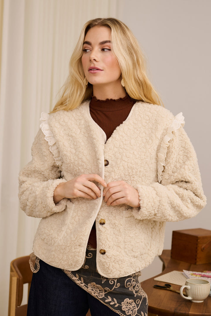 Cream Clothing CRRana oatmeal beige lace teddy jacket, styled detail view