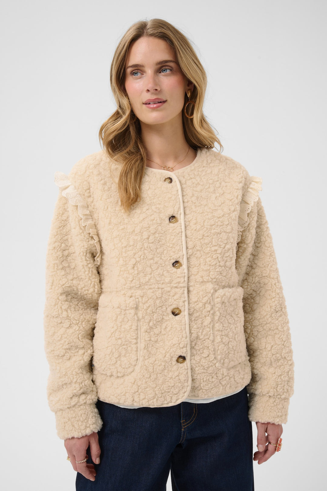 Cream Clothing CRRana oatmeal beige lace teddy jacket, front model cropped view