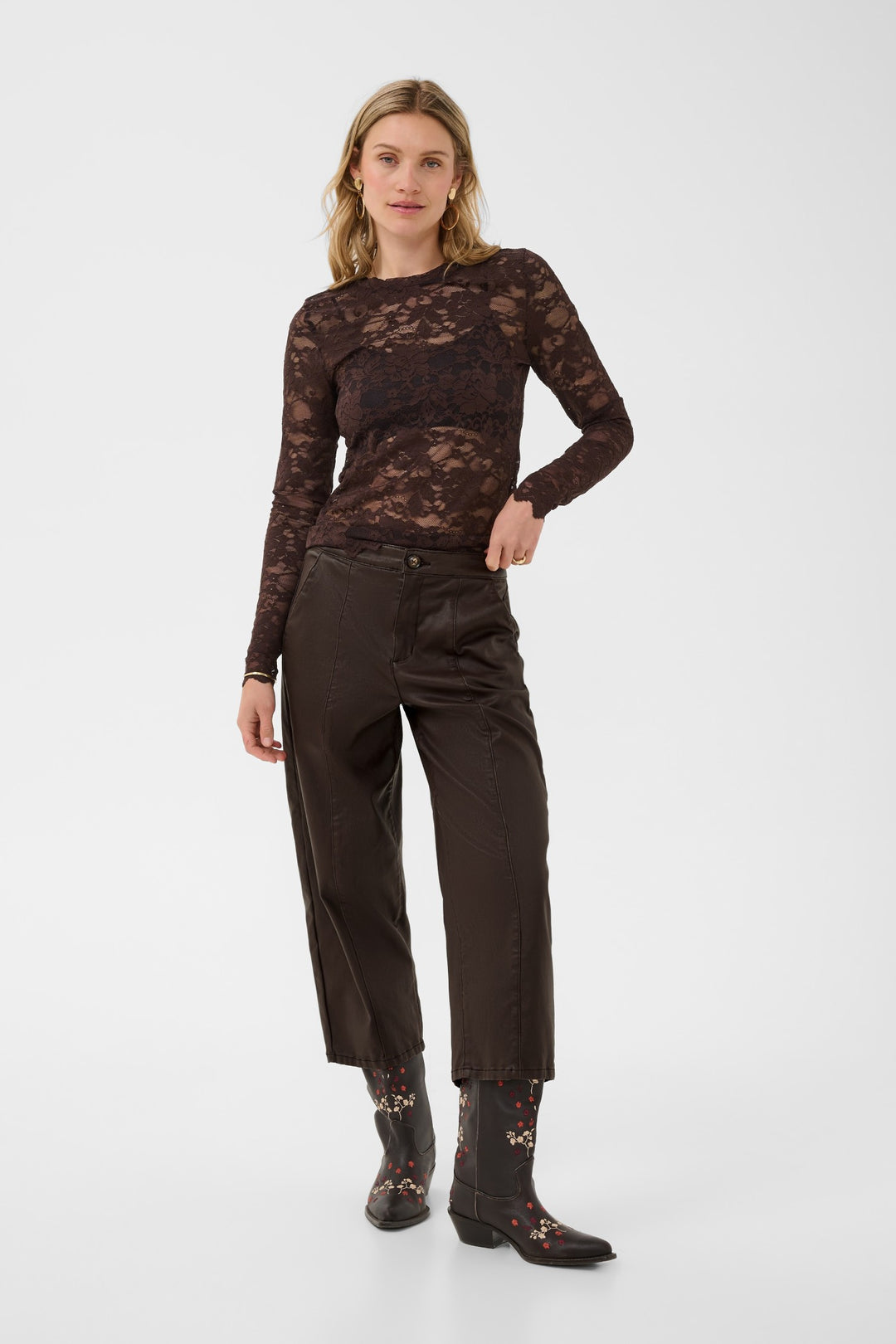 Cream CRWinni Java Brown Ankle Trousers, front model full length