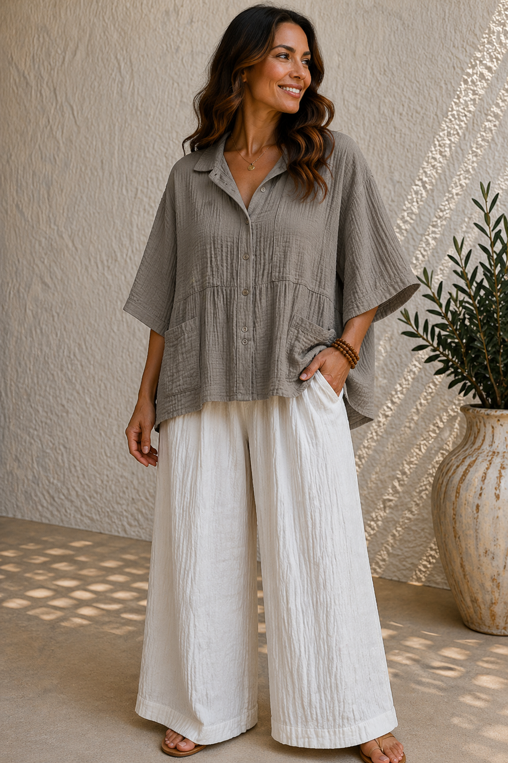 Grey Crinkle Button-Through Relaxed Cotton Shirt