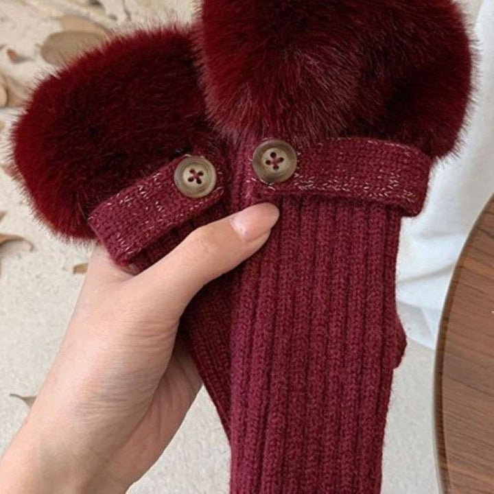 Burgundy Faux Fur Knit Fingerless Button Gloves