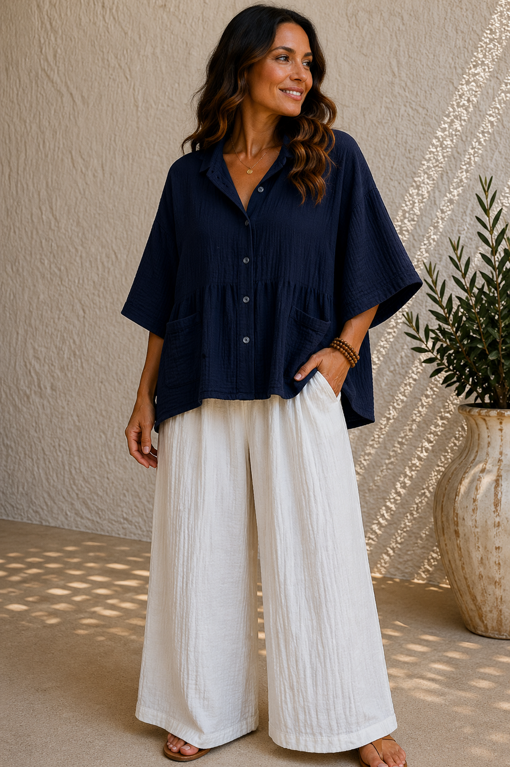 Navy Crinkle Button-Through Relaxed Cotton Shirt