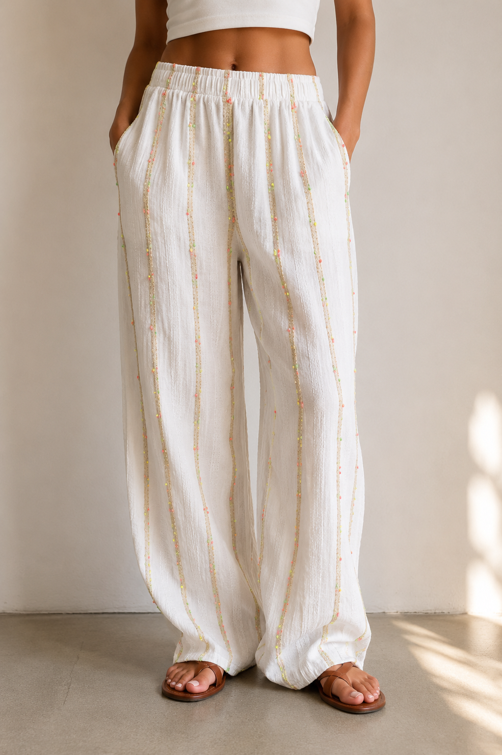 White Embellished Neon Stripe Linen Blend Wide Leg Trousers