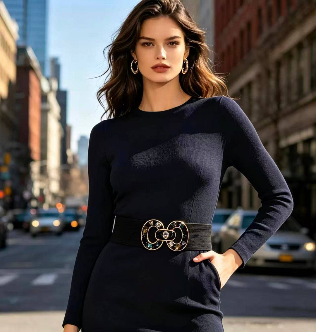 Wide Elasticated Black Jewelled Belt