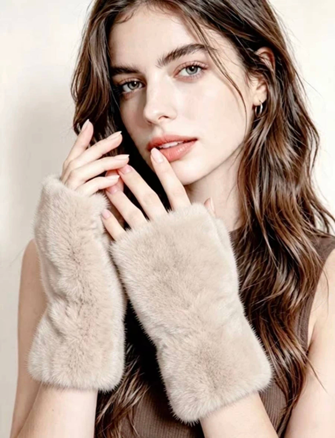 Beige Faux Fur Fingerless Mittens